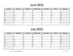 june and july 2025 calendar