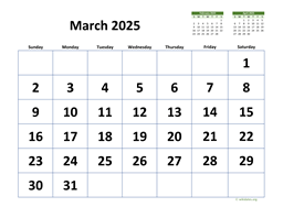 March 2025 Calendar with Extra-large Dates