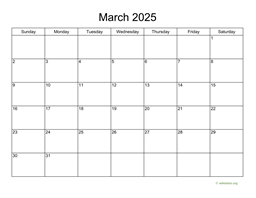 Basic Calendar for March 2025