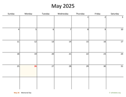May 2025 Calendar with Bigger boxes