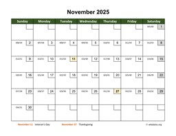 November 2025 Calendar with Day Numbers