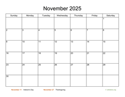 Basic Calendar for November 2025