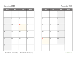 November 2025 Calendar on two pages