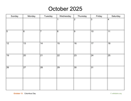 Basic Calendar for October 2025