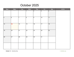 October 2025 Calendar with Notes
