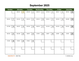 September 2025 Calendar with Day Numbers