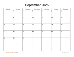 Basic Calendar for September 2025