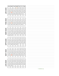 six months 2025 calendar vertical with notes