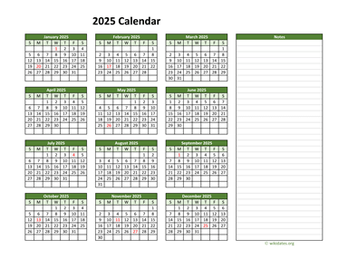 Yearly Printable 2025 Calendar with Notes