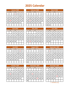 Full Year 2025 Calendar on one page