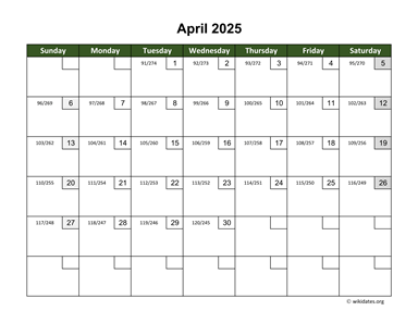 April 2025 Calendar with Day Numbers