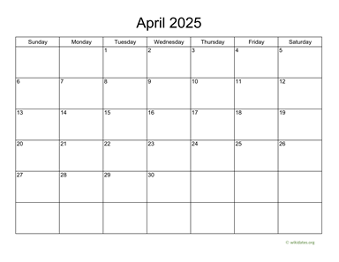 Basic Calendar for April 2025