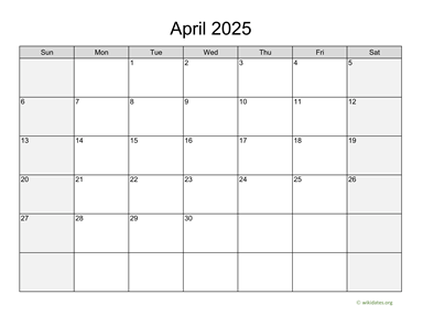 April 2025 Calendar with Weekend Shaded