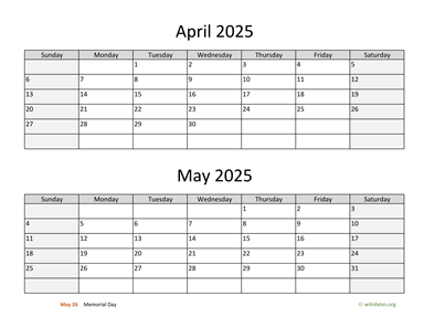 April and May 2025 Calendar Horizontal