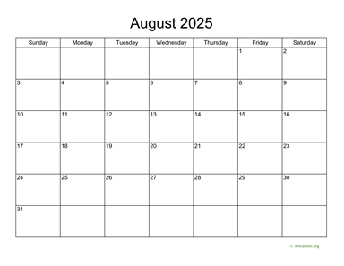 Basic Calendar for August 2025