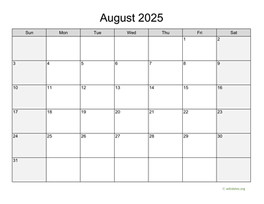 August 2025 Calendar with Weekend Shaded