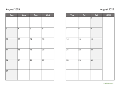 August 2025 Calendar on two pages