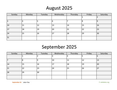 August and September 2025 Calendar Horizontal