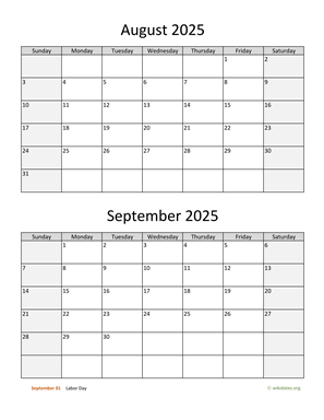 August and September 2025 Calendar Vertical