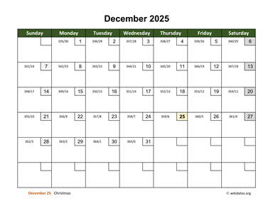 December 2025 Calendar with Day Numbers