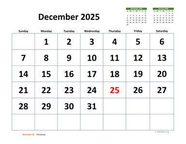 December 2025 Calendar with Extra-large Dates
