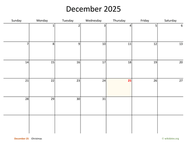 December 2025 Calendar with Bigger boxes