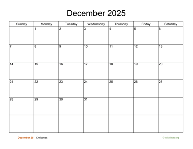 Basic Calendar for December 2025