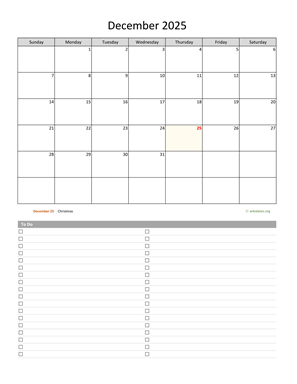 December 2025 Calendar with To-Do List