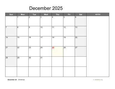 December 2025 Calendar with Notes