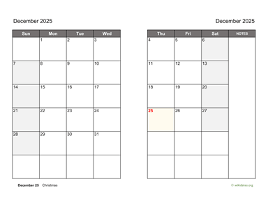 December 2025 Calendar on two pages