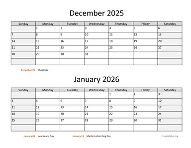 December 2025 and January 2026 Calendar Horizontal