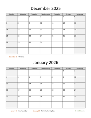December 2025 and January 2026 Calendar Vertical