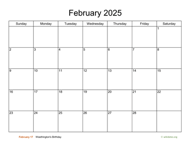 Basic Calendar for February 2025