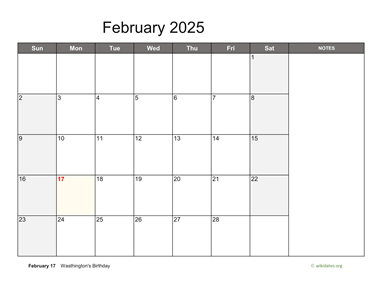 February 2025 Calendar with Notes