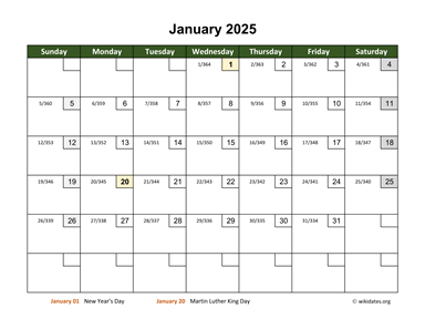 January 2025 Calendar with Day Numbers