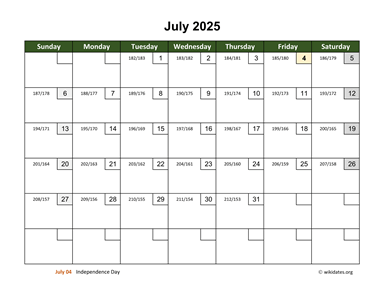 July 2025 Calendar with Day Numbers