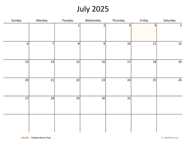 July 2025 Calendar with Bigger boxes