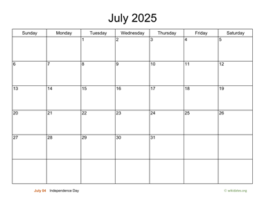 Basic Calendar for July 2025