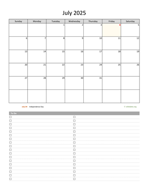 July 2025 Calendar with To-Do List