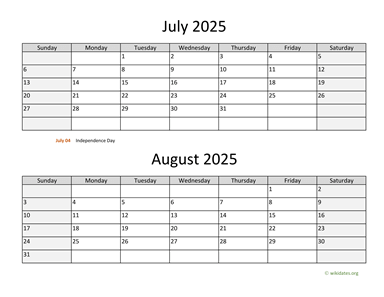 July and August 2025 Calendar Horizontal