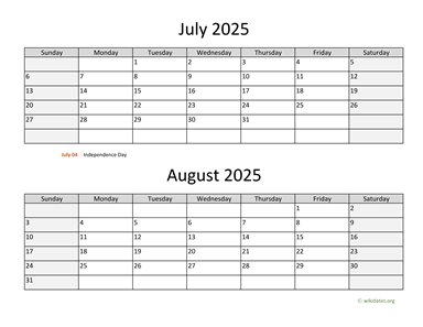 July and August 2025 Calendar  WikiDates.org
