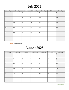 July and August 2025 Calendar Vertical