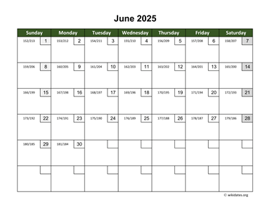 June 2025 Calendar with Day Numbers