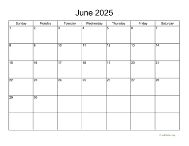 Basic Calendar for June 2025