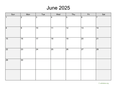 June 2025 Calendar with Weekend Shaded