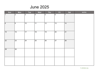 June 2025 Calendar with Notes