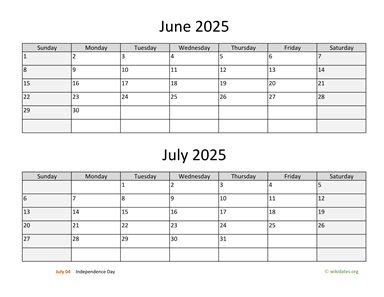 June and July 2025 Calendar Horizontal