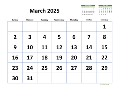 March 2025 Calendar with Extra-large Dates