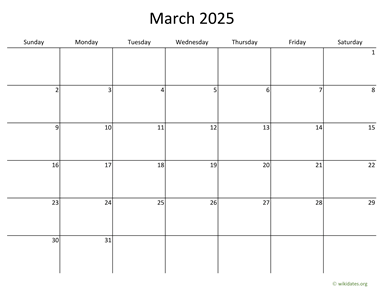 March 2025 Calendar with Bigger boxes