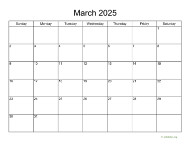 Basic Calendar for March 2025